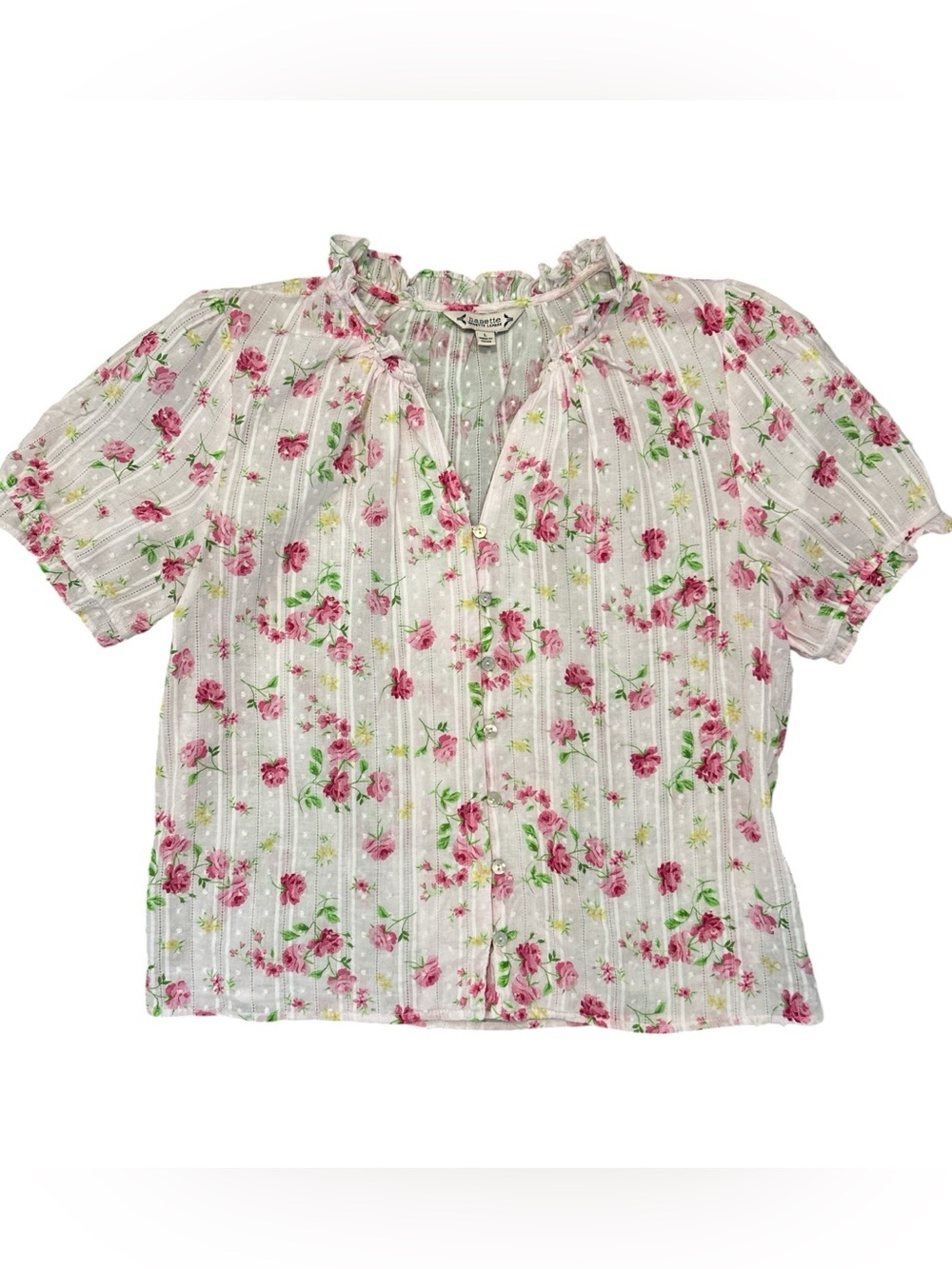 Nanette Lepore Womens L Floral Blouse Ruffle Puff Sleeve Cotton Cottagecore Top